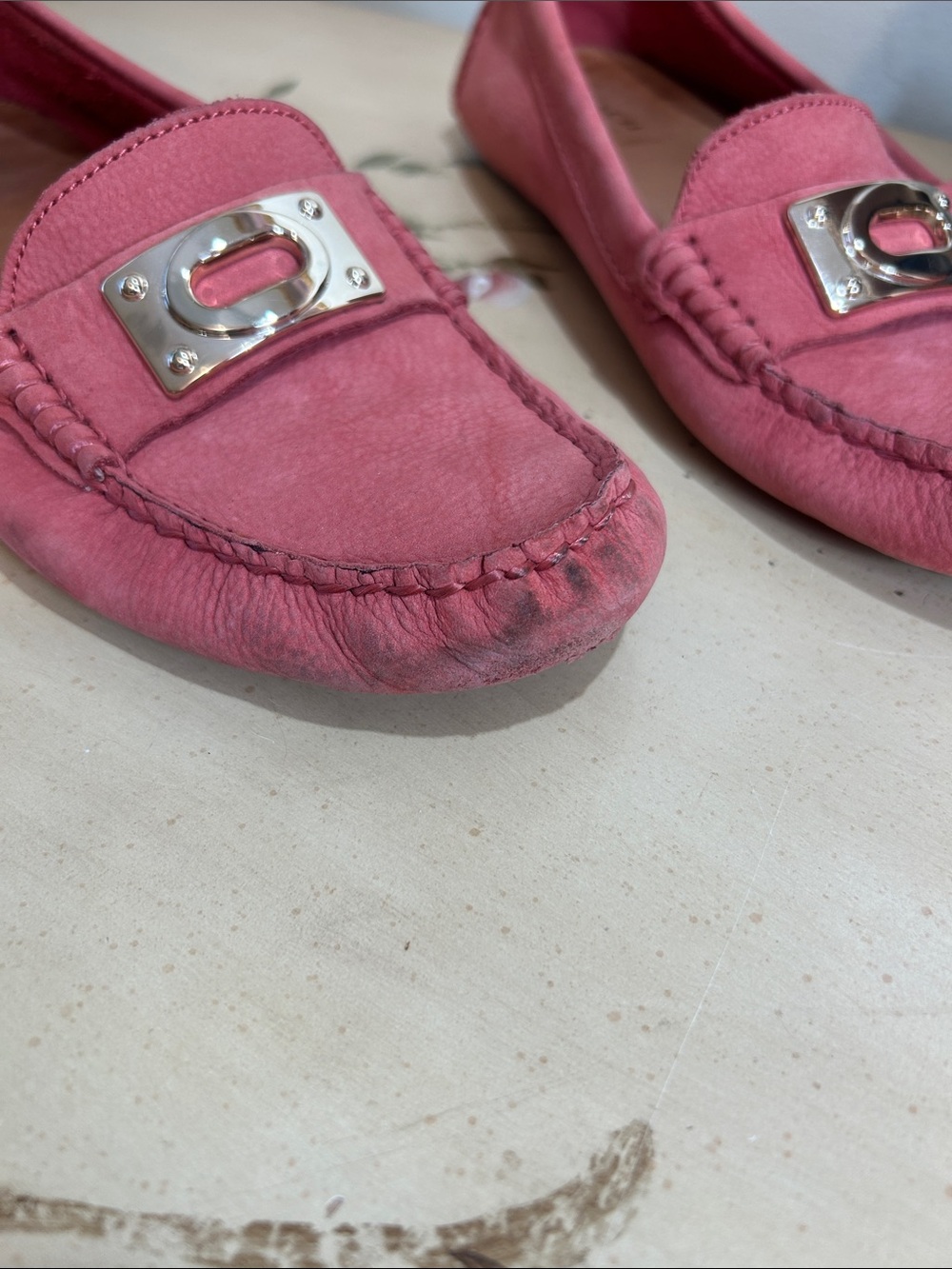 Coach Napoleon Salmon Pink Coral Suede Gold Buckle Driving Loafers - Picture 12 of 15